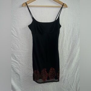 Y2K Black Mini Dress | Paisley | Sheer Hem | Spaghetti Strap | Size Small